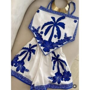 Conjunto feminino duas peça cropped com short, look verão estampa tropical, conjuntos localizada, lenço