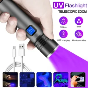 Usb recarregável 365nm lanterna uv de alumínio portátil luz ultravioleta tocha preta detector urina para animais estimação lanternas pretas