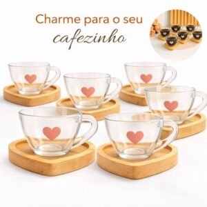 Jogo de xícaras para café cafezinho com pires madeira coração cantinho do kit presente