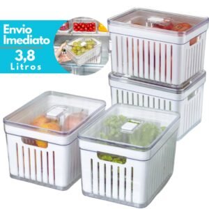 Kit 1- 4 organizador de geladeira 3,8 litros cesto com tampa alimentos verduras potes salada premium