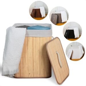 Cesto de roupa suja bambu com tampa e alças 50 litros grande organizador multiuso