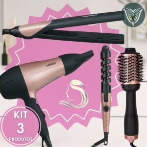 Kit 3 escova secadora + secador de cabelo portátil modelador cachos chapinha profissional rosa potente qualidade