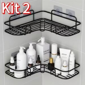 Kit 1/2/4 prateleiras para banheiro com suporte e alto adesivos – organizador de shampoo, sabonete, cozinha lavanderia
