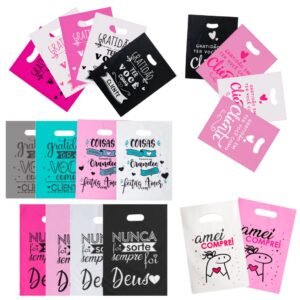 50 sacola boca de palhaço personalizada p, m e g diversas estampas sacolinha alça vazada frase gratidão, nunca foi sorte
