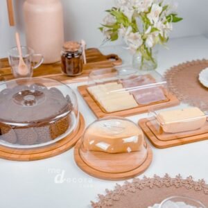 Kit café da manhã 4 itens boleira + manteigueira porta frios bambu queijo para mesa posta