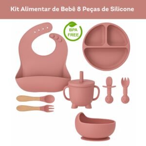Kit 6/8 peças introdução alimentar silicone bebê talheres babador prato ventosa colher garfo