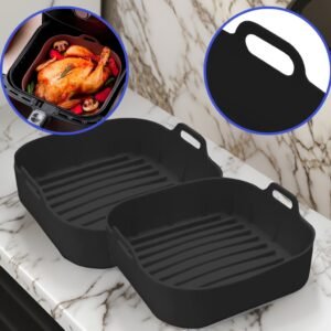 Kit 2 forma de silicone air fryer grande 20cm assadeira quadrada preta vermelha