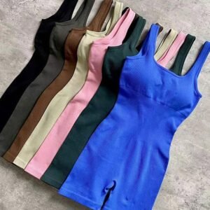 Macacão feminino canelado sem costura para academia body com shorts respirável modelador levanta bumbum
