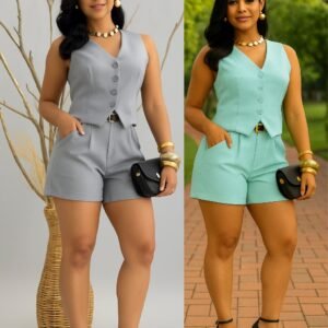 Conjunto gabi em shorts e colete social elegante para arrasar neste final de ano