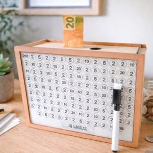 Cofre mdf desafio 10 mil 5 1 personalizado com caneta caixa de dinheiro decorativa organizadora metas financeira