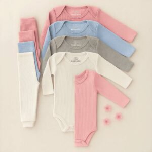 Kit 6 peças conjunto body manga longa canelado + mijão liso 100% algodão bebê infantil rn