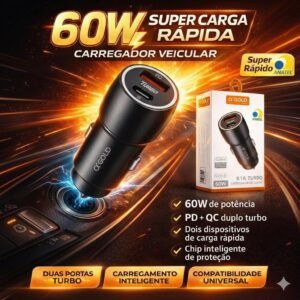 Carregador veicular 60w turbo porta dupla usb-c cor mesclado azul/preto