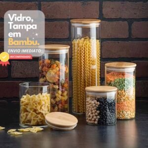 Kit com 5 potes vidro tampa bambu super vedação hermético conjunto porta mantimento