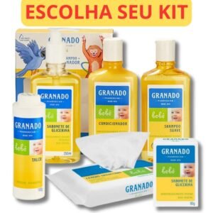 Kit banho granado bebê shampoo condicionador sabonete talco toalha lenço umedecido tradicional mamãe
