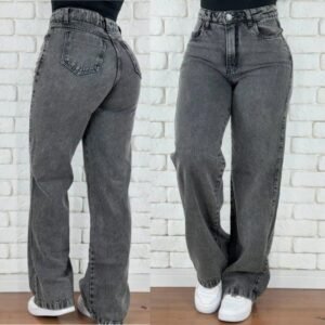 Calça jeans feminina wide leg marmorizada cintura alta empina bumbum