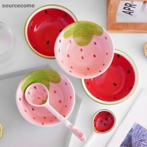 [sourc] adorável morango melancia em forma de tigela colher cerâmica colheres cereais ramen sopa padrão frutas ser