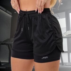 Short compressão duplo feminino 2 em 1 com bolso