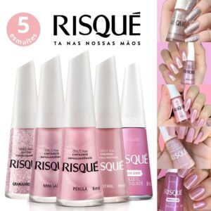 Kit 5 esmaltes risqué tons rosa glitter cintilante atacado