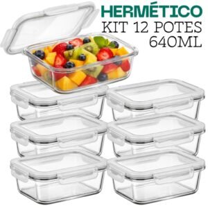 Pote hermético marmita vidro tampa trava 640ml premium fitness