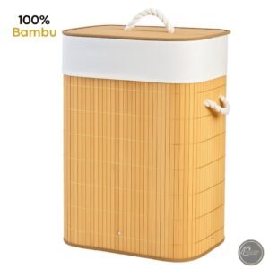 Cesto de roupa bambu organizador dobrável com tampa forrado 72 litros