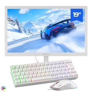 Kit gamer monitor 19" teclado mecânico led mouse branco 7.200 dpi rgb rainbow