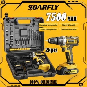 Soarfly parafusadeira furadeira 48v 2 baterias com maleta e acessórios completo 28pcs 220v/110v