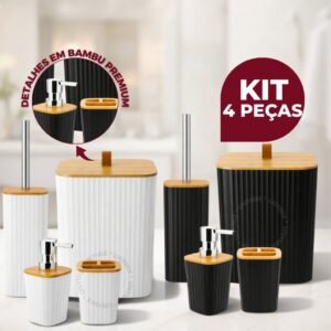 Kit banheiro quadrado em bambu com lixeira luxo e puxador de couro