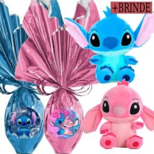 Ovo de páscoa infantil 250 gramas ao leite + pelúcia lilo stitch fofas 25cm presente brinde