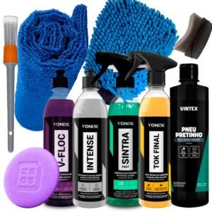 Kit lavagem shampoo v-floc cera tok final intense sintra fast pneu pretinho vonix