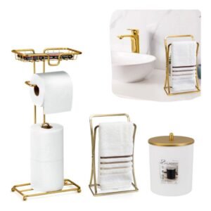 Kit acessórios banheiro dourado com lixeira e papeleira porta papel higienico suporte toalha lavado