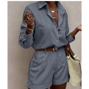 Conjunto camisa e shorts com elastico atrás de linho social 002