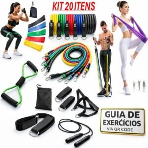 Kit 20 itens treino em casa: elásticos extensor + mini band thera corda de pular guia exercícios exclusivo