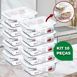 Kit 10 ou 5 potes vidro hermético 1040ml retangular 4 travas marmita premium