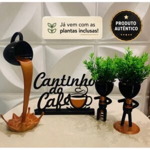 Cantinho do café com xícara flutuante e bob as plantas