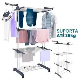 Varal de chão grande portátil 3 andares com rodinhas dobrável retrátil reforçado abas laterais