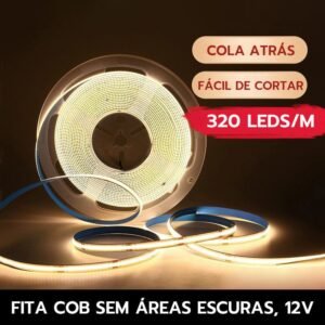 Fita led cob 5m 12v 320led/m | 3000k 4000k 6500k ip20 luz uniforme para perfil alumínio / decoração