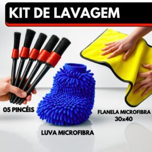 Kit automotivo flanela de microfibra 30x40cm + 05 pincel detalhamento luva