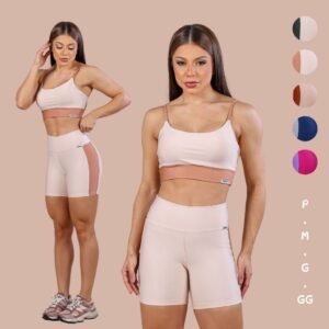 Conjunto fitness feminino com top e shorts cós alto bojo para treinar