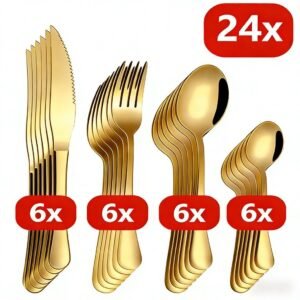 24 pcs louça de aço inoxidável colher sobremesa dourada / luxuoso