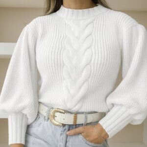 Blusa de frio feminina estilo blogueira com trança tendência 2025 tricot manga bufante