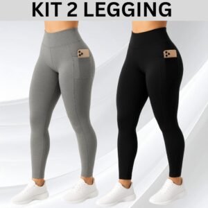 2 calças legging com bolso lateral suplex cós alto largo academia crossfit verão fitness