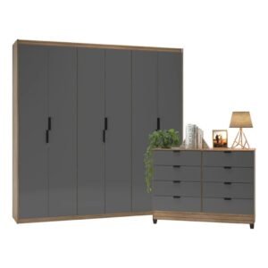 Guarda-roupa 6 portas + cômoda 8 gavetas puxador metálico design industrial para quarto