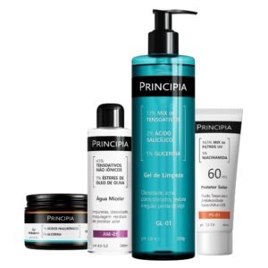 Principia kit limpeza e hidratação c/ gel de gl-01 + água micelar am-01 gh-01 protetor ps01 fps 60