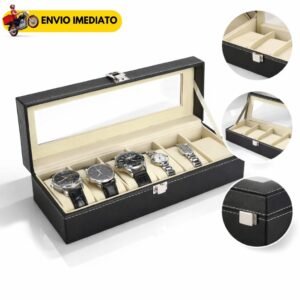 Caixa organizadora para relógios 6 lugares com visor estojo luxo masculino expositor almofadas joias e bijuterias