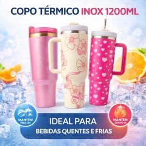 Copo térmico inox 1200ml com tampa, canudo e alça – mantém quente frio por horas