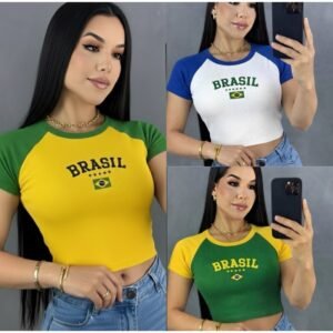 Cropped do brasil feminino bicolor manga curta ribana babylook copa mundo tendência bandeira