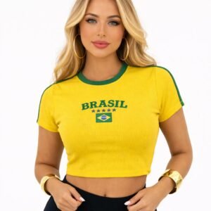 Cropped brasil feminino torcedora copa canelado bordado manga curta verde amarelo tendencia
