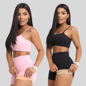 Conjunto academia short e top duplo poliamida corrida roupa de treino feminina zero transparência