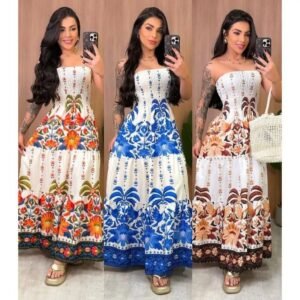 Vestido tropical longo tomara que caia estampado – moda feminina 2026 entrega rapida