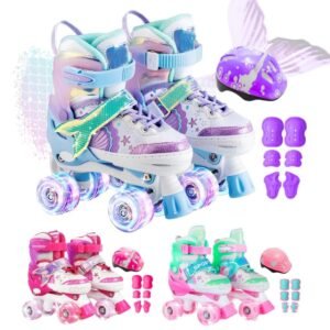 Patins sereia ajustável infantil 4 rodas kit proteção rodinha com led